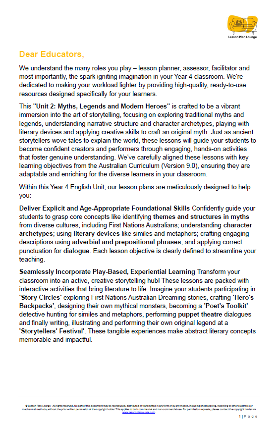 English - Unit 2: Myths Legends and Modern Heroes - LESSON PLANS - Year 4
