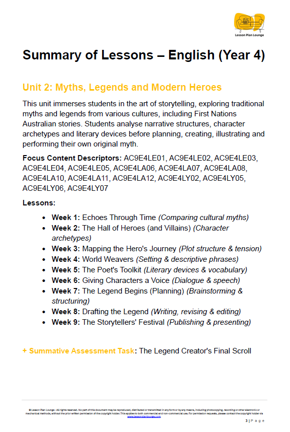 English - Unit 2: Myths Legends and Modern Heroes - LESSON PLANS - Year 4