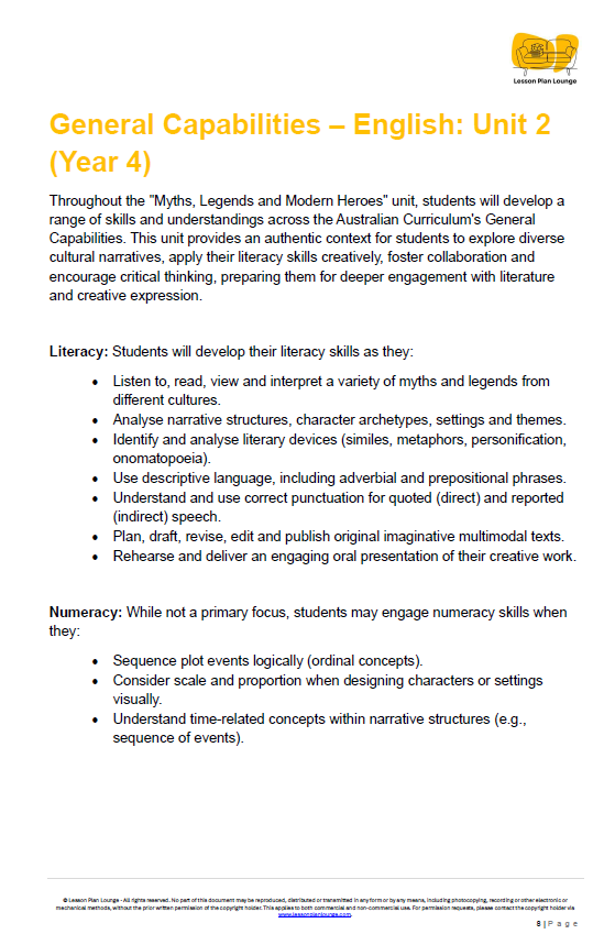 English - Unit 2: Myths Legends and Modern Heroes - LESSON PLANS - Year 4