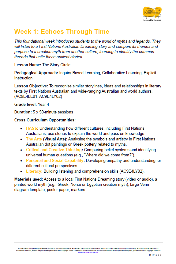 English - Unit 2: Myths Legends and Modern Heroes - LESSON PLANS - Year 4