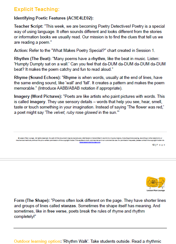 English - Unit 3: Poetry in Motion - LESSON PLANS - Year 4