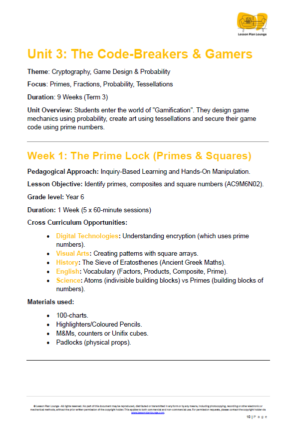 Mathematics - Unit 3: The Code Breakers & Gamers - LESSON PLANS - Year 6