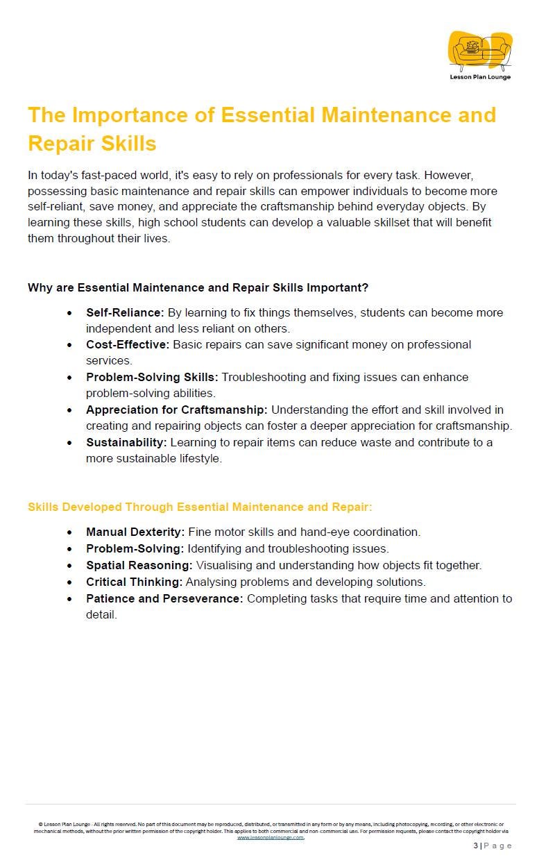 Essential Maintenance and Repair Skills: 10 Lesson Plans + 1 Summative Assessment (High School)