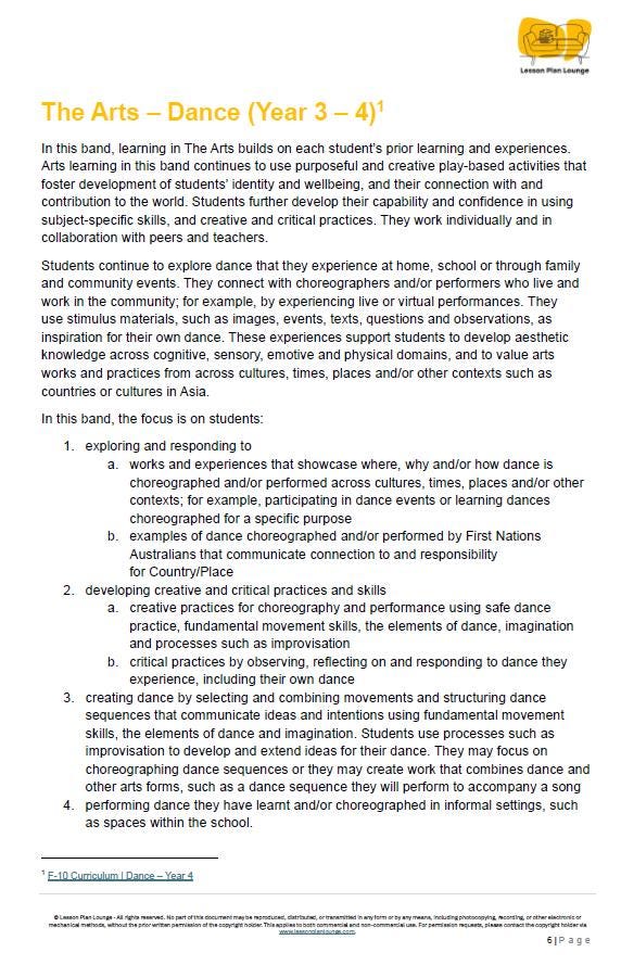 Dance - The Arts: 10 Lesson Plans + 1 Summative Assessment Task + 10 Extra practical lesson ideas (Year 4)