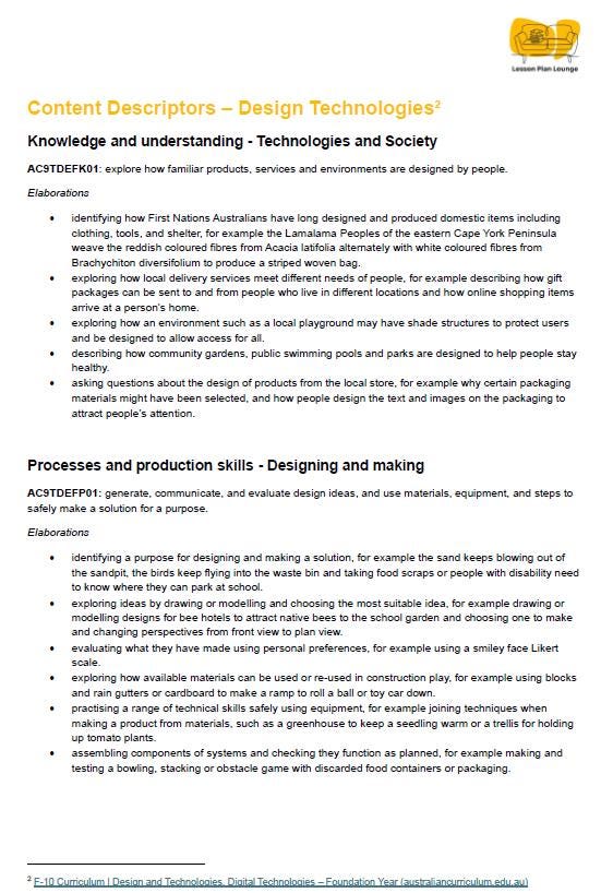 Technologies - Design Technologies: 10 Lesson Plans + 1 Summative Assessment (Foundation Year/ Kindergarten)