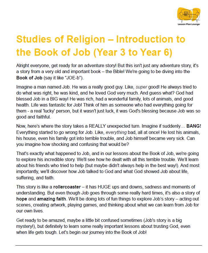 Studies of Religion - Introduction to the Book of Job: 10 Lesson Plans + 1 Summative Assessment Task (Year 3 to Year 6)