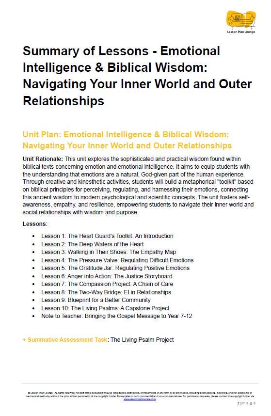 Studies of Religion - Emotional Intelligence & Biblical Wisdom: 10 Lesson Plans + 1 Summative Assessment + FREE Student WORKBOOK (Yr 7-12)
