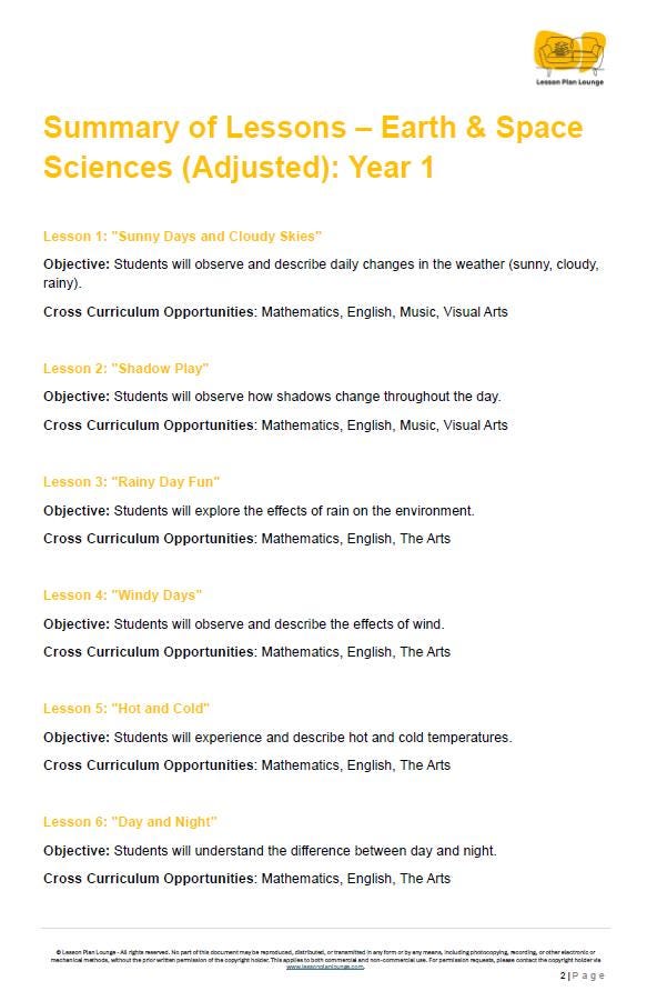 EARTH AND SPACE Sciences Adjusted Curriculum: 12 Lesson Plans + 1 Summative Assessment Task (Year 1)