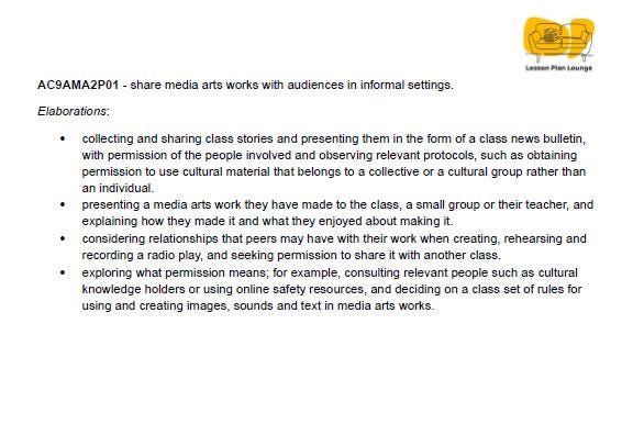 The Arts - MEDIA ARTS: 12 Lesson Plans + 1 Summative Assessment (Year 1)