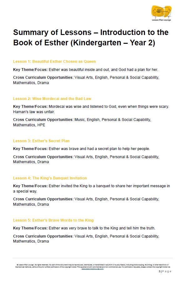 Studies of Religion - Introduction to the Book of Esther: 10 Lesson Plans + 1 Summative Assessment Task (Kindergarten to Year 2)