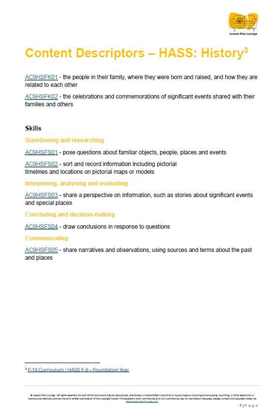 HASS - History: 10 lesson plans + 1 summative assessment and FREE Student WORKSHEETS (Kindergarten/ Foundation Year)