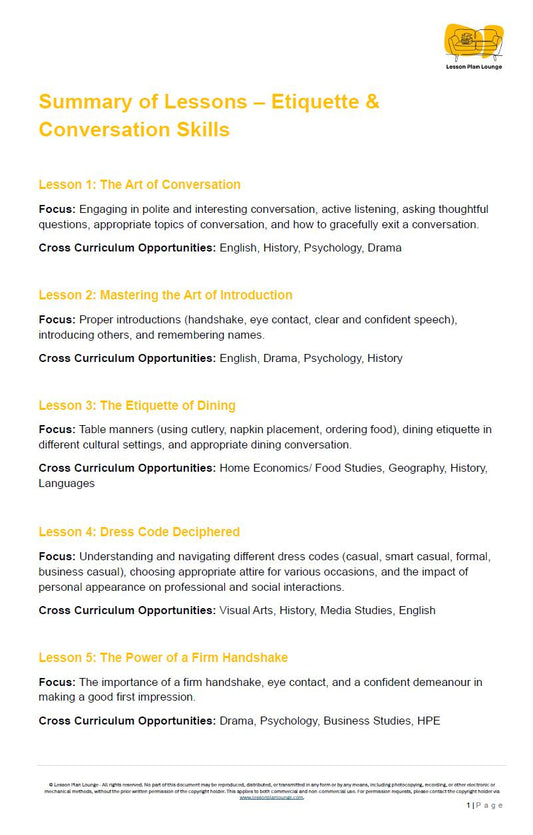 Etiquette and Conversation Skills: 10 Lesson Plans + 1 Summative Assessment + Worksheet Suggestions (High School)