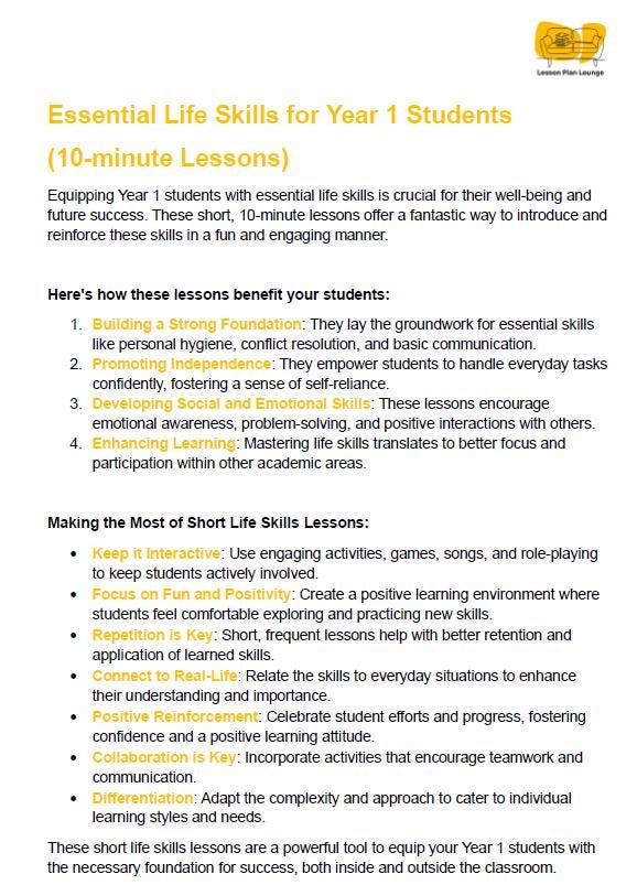 35 Life Skills Lessons for the Year 1 Student