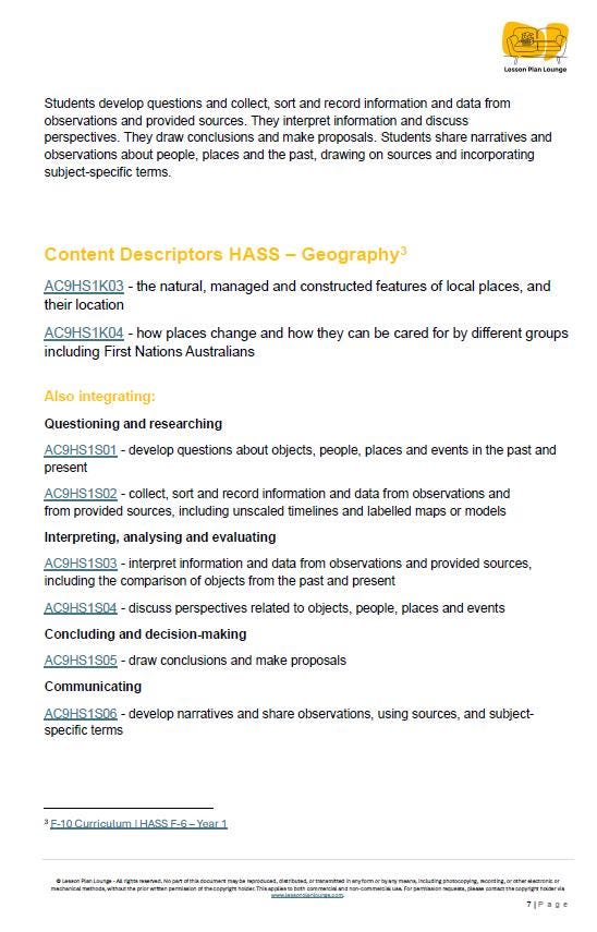 HASS - Geography: 12 Lesson Plans + 1 Summative Assessment and FREE Student Worksheets (Year 1)