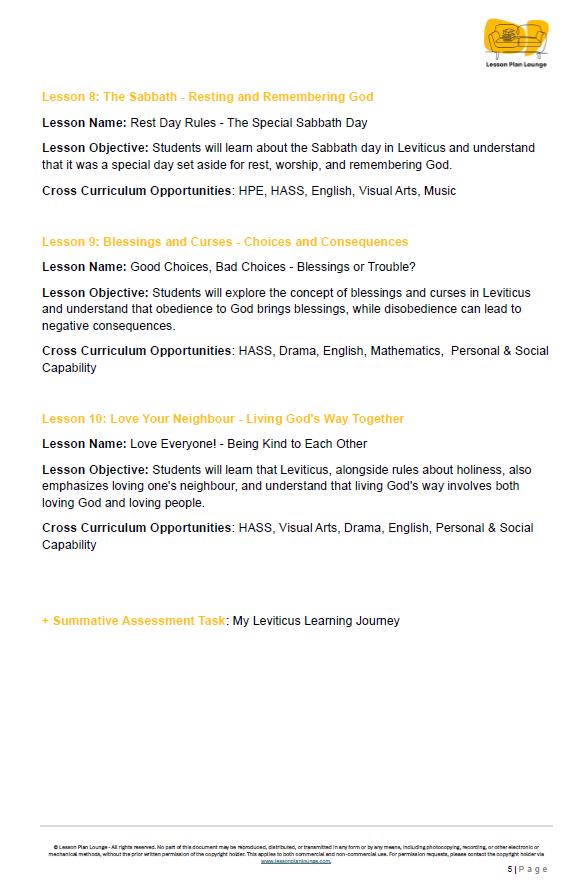 Studies of Religion - Introduction to Leviticus: 10 Lesson Plans + 1 Summative Assessment Task (Year 3 to Year 6)