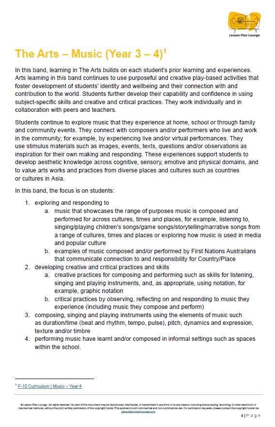 Music - The Arts: 10 Lesson Plans + 1 Summative Assessment Task (Year 4)
