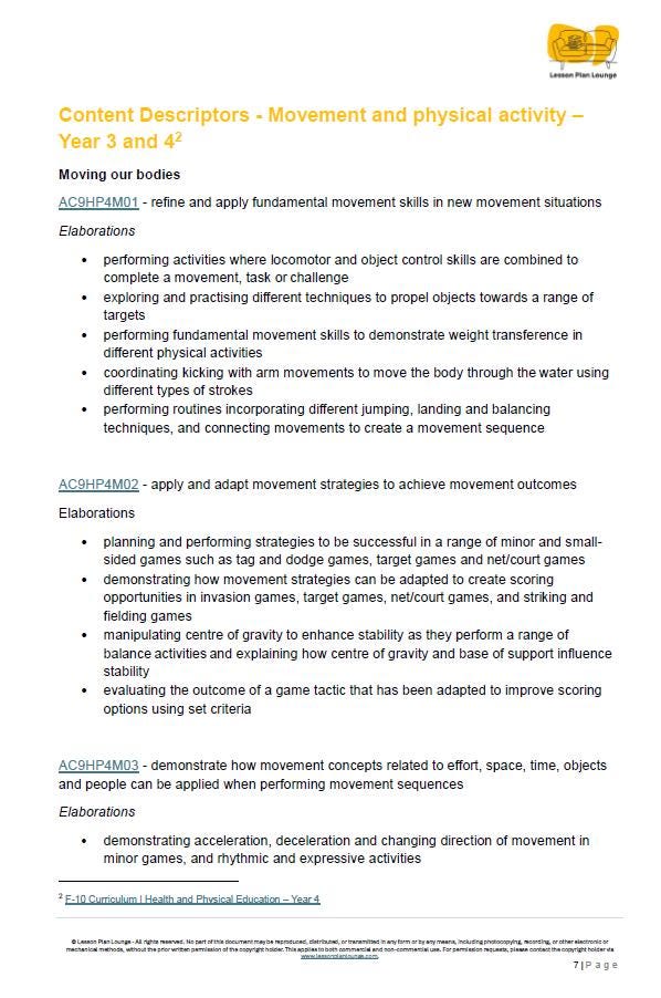 HPE - Movement and Physical Activity: 20 Lesson Plans + 1 Summative Assessment Task (Year 4)