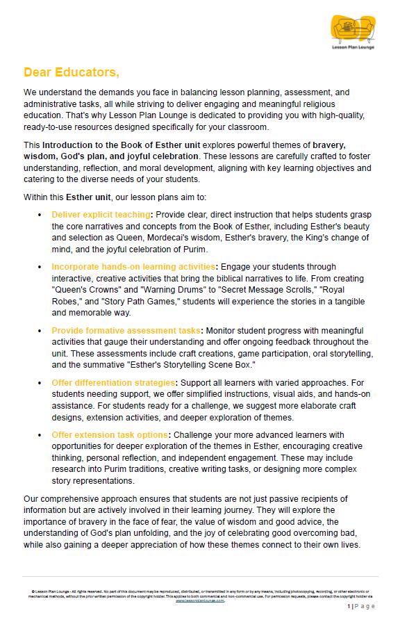 Studies of Religion - Introduction to the Book of Esther: 10 Lesson Plans + 1 Summative Assessment Task (Kindergarten to Year 2)