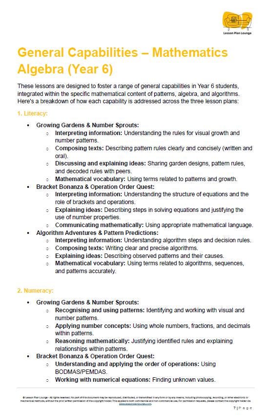 Mathematics - ALGEBRA: Lesson Plans covering 21 Lessons, Summative Assessment Task and FREE Student Workbook (Year 6)