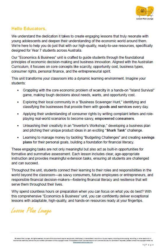 HASS - Economics & Business: 10 Lesson Plans + 1 Summative Assessment Task + FREE Student WORKBOOK (Year 7)