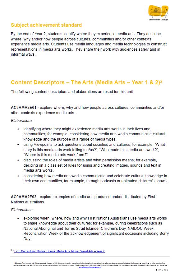 The Arts - MEDIA ARTS: 12 Lesson Plans + 1 Summative Assessment (Year 2)