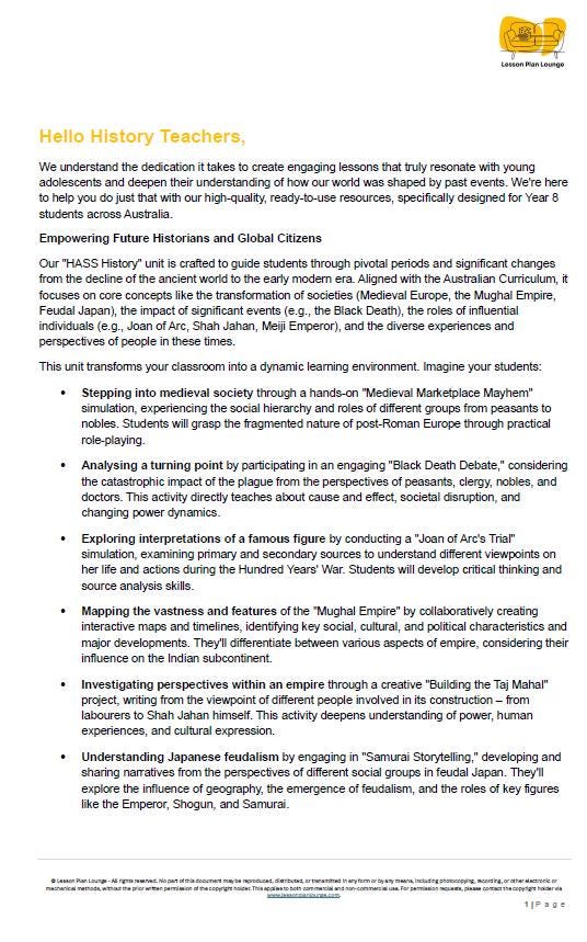 HASS History: 8 Lesson Plans (covering 16 lessons) + 1 Summative Assessment Task + FREE Student WORKBOOK (Year 8)