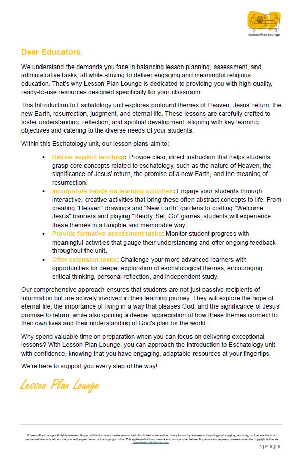 Studies of Religion - Introduction to Eschatology: 10 Lesson Plans + 1 Summative Assessment Task (Kindergarten to Year 2)