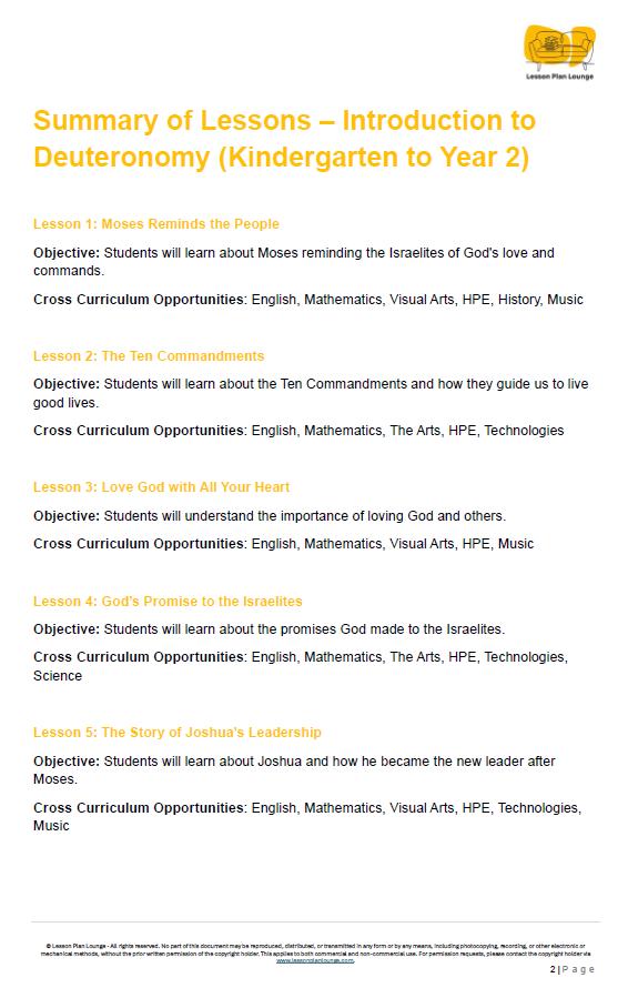 Studies of Religion - Introduction to Deuteronomy: 10 Lesson Plans + 1 Summative Assessment Task (Kindergarten to Year 2)