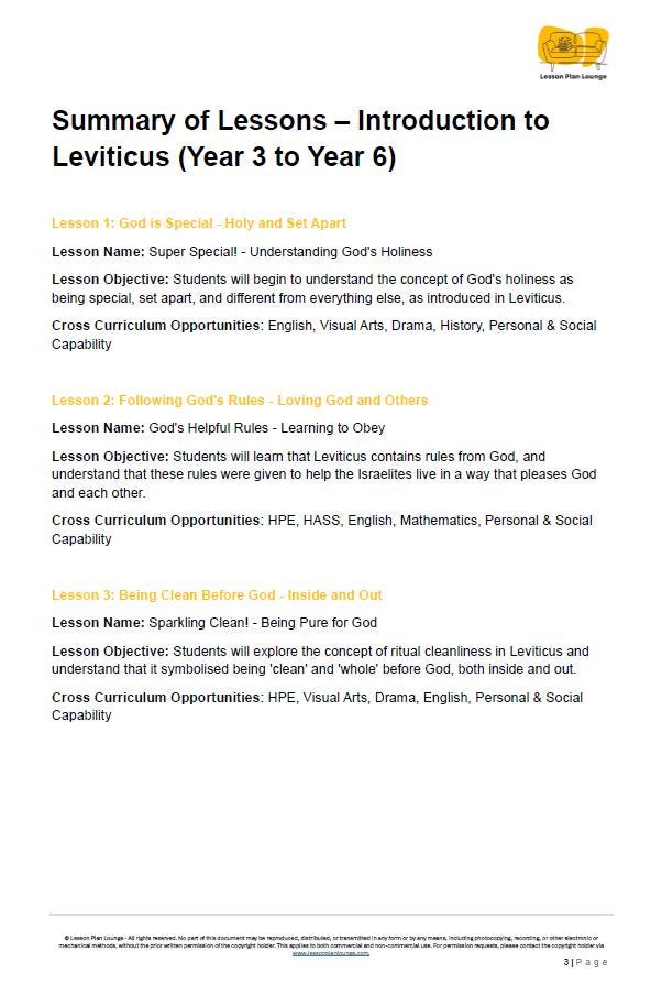 Studies of Religion - Introduction to Leviticus: 10 Lesson Plans + 1 Summative Assessment Task (Year 3 to Year 6)