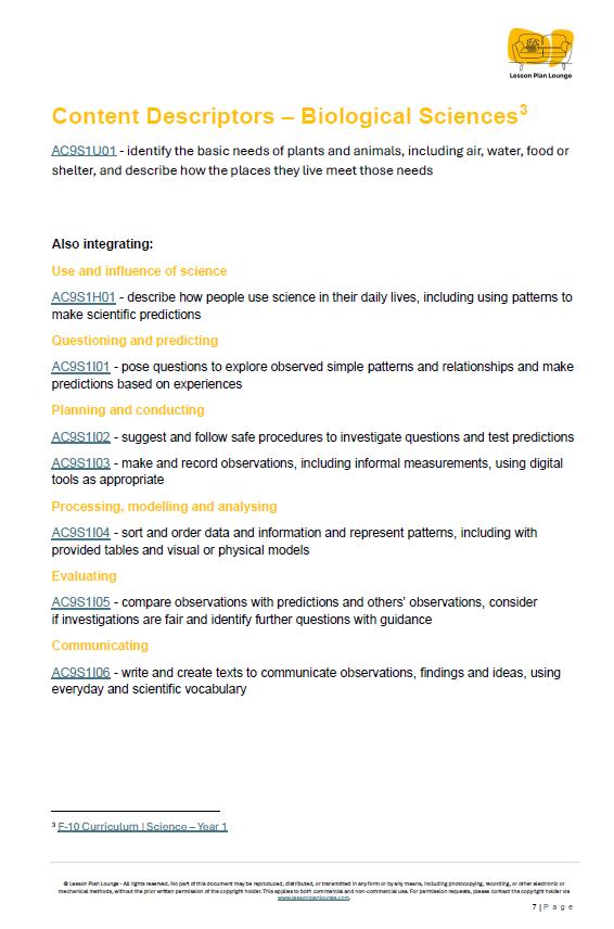 Science - Biological Sciences: 10 Lesson Plans + 1 Summative Assessment and FREE Student WORKSHEETS (Year 1)