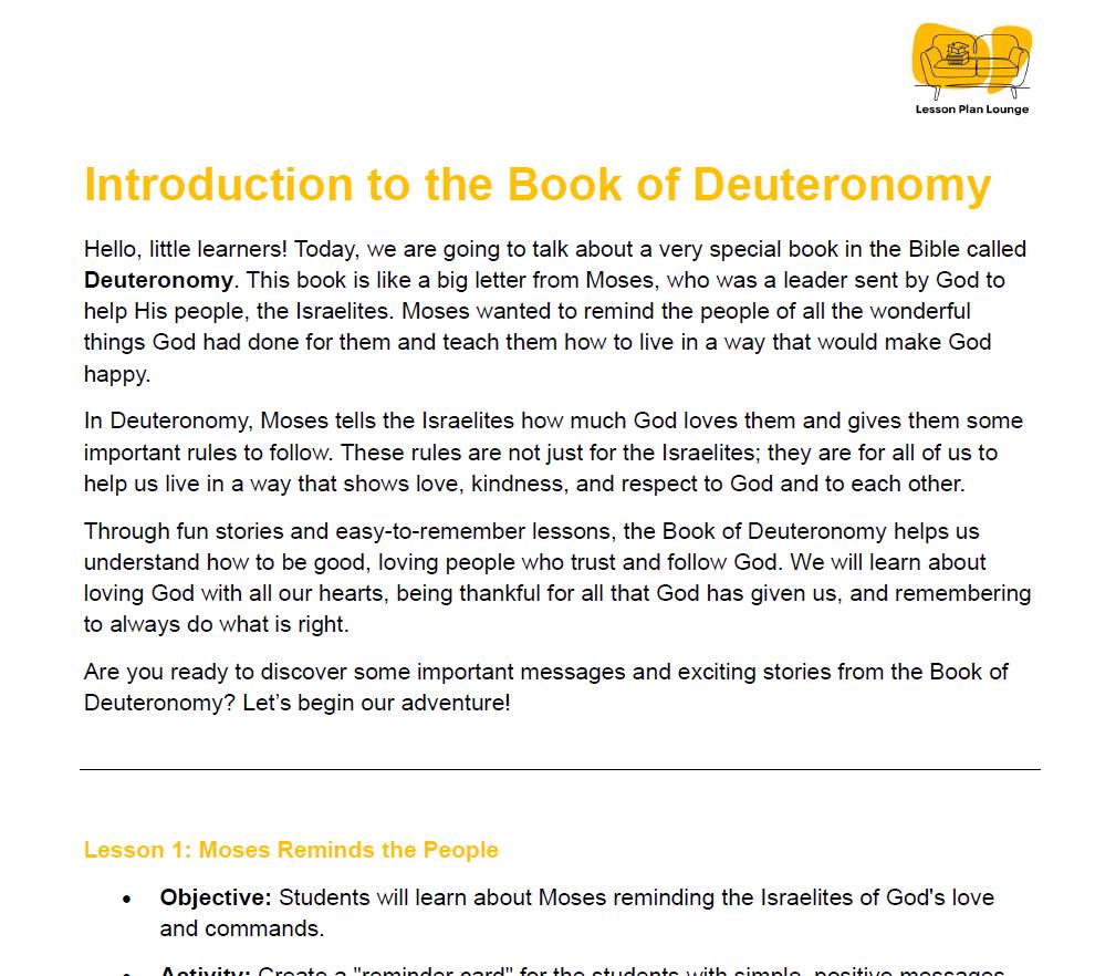 Studies of Religion - Introduction to Deuteronomy: 10 Lesson Plans + 1 Summative Assessment Task (Kindergarten to Year 2)