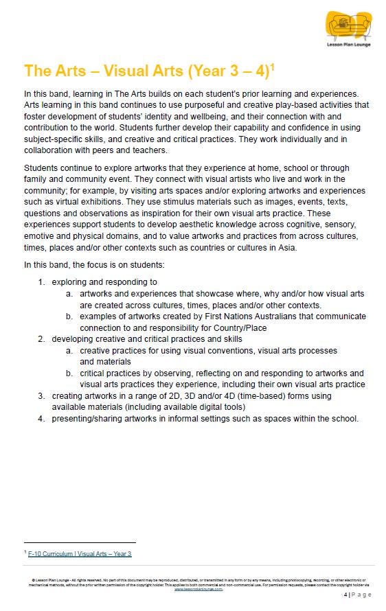 Visual Arts - The Arts: 10 Lesson Plans + 1 Summative Assessment + 25 Extra Visual Arts Ideas (Year 3)