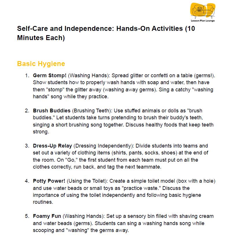 170 Life Skills Activities for Kindergarten Students - 10 Minutes each