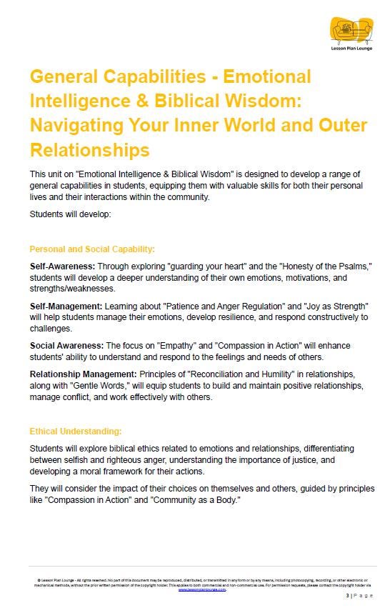 Studies of Religion - Emotional Intelligence & Biblical Wisdom: 10 Lesson Plans + 1 Summative Assessment + FREE Student WORKBOOK (Yr 7-12)