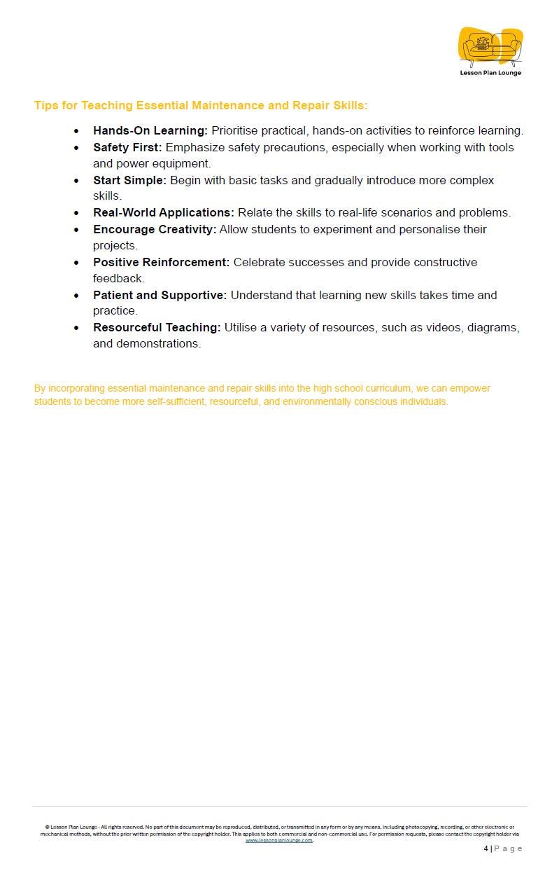 Essential Maintenance and Repair Skills: 10 Lesson Plans + 1 Summative Assessment (High School)
