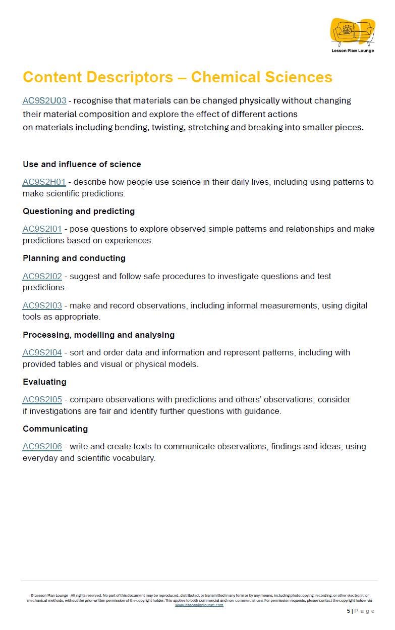 CHEMICAL Sciences - Adjusted Curriculum: 12 Lesson Plans + 1 Summative Assessment (Year 2)