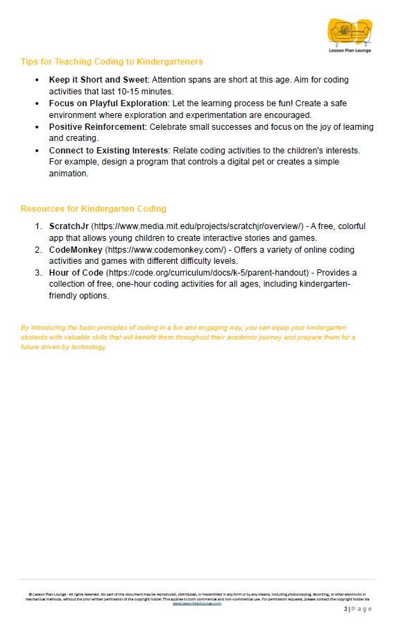Basics for CODING: 5 Lesson Plans + 1 Summative Assessment Task (Kindergarten)