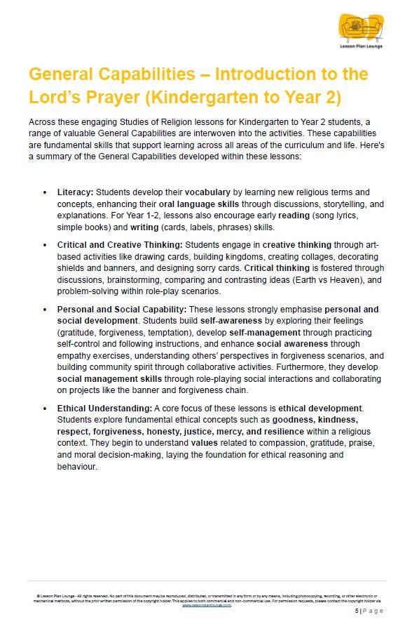 Studies of Religion - Introduction to The Lord's Prayer: 10 Lesson Plans + 1 Summative Assessment Task (Kindergarten to Year 2)