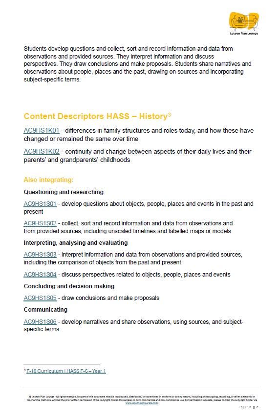 HASS - History: 12 Lesson Plans + 1 Summative Assessment and FREE Student Worksheets (Year 1)