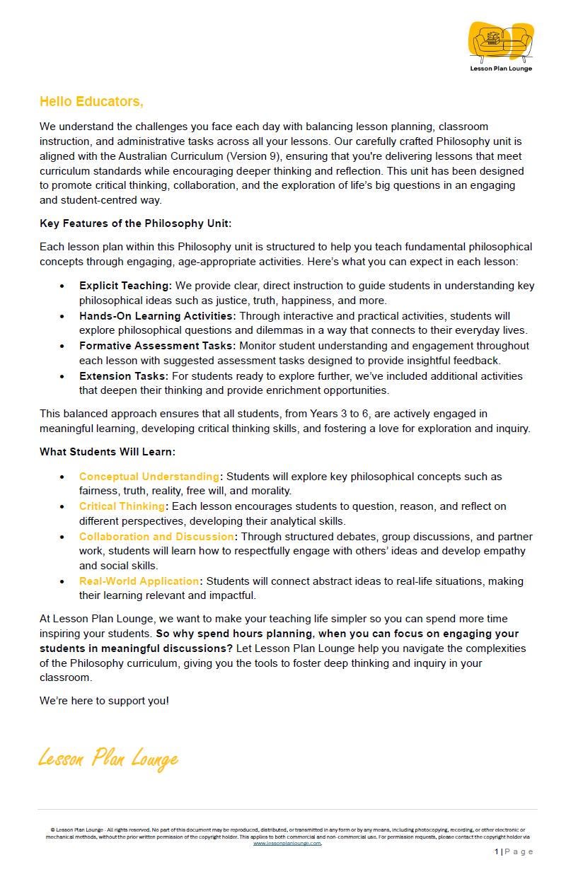 Philosophy: 10 Lesson Plans + 1 Summative Assessment Task (Year 3-6)
