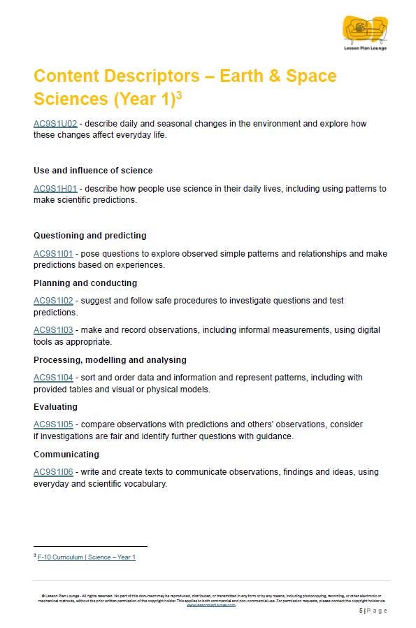 EARTH AND SPACE Sciences Adjusted Curriculum: 12 Lesson Plans + 1 Summative Assessment Task (Year 1)