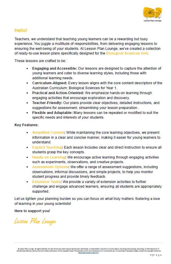 BIOLOGICAL Sciences Adjusted Curriculum: 12 Lesson Plans + 1 Summative Assessment (Year 1)