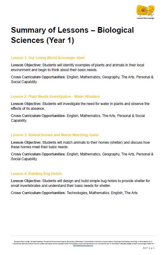 Science - Biological Sciences: 10 Lesson Plans + 1 Summative Assessment and FREE Student WORKSHEETS (Year 1)