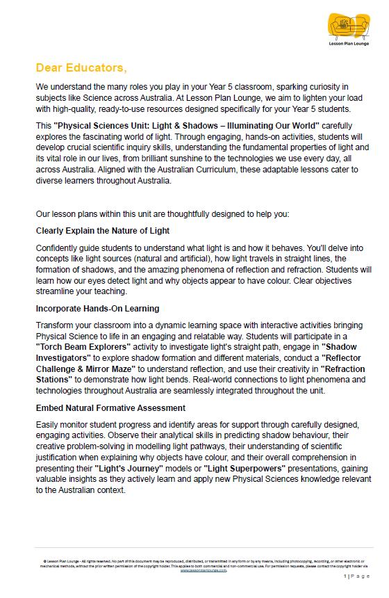 Science - Physical Sciences: Lesson Plans (10 lessons) + 1 Summative Assessment + FREE Student Workbook (Year 5)