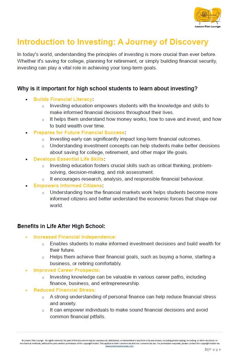 Investing Insights - 10 Lesson Plans + 1 Summative Assessment + Worksheet suggestions (High School)