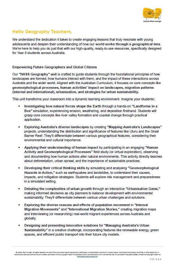 HASS - Geography: 12 Lesson Plans + 1 Summative Assessment Task + FREE Student WORKBOOK (Year 8)
