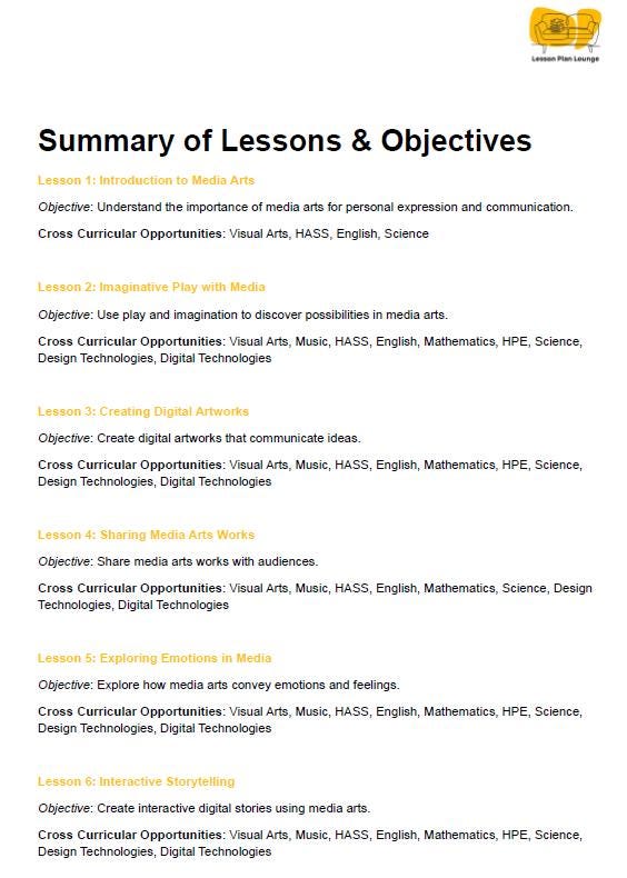 The Arts - MEDIA ARTS: 10 Lesson Plans + 1 Summative Assessment (Foundation Year/ Kindergarten)