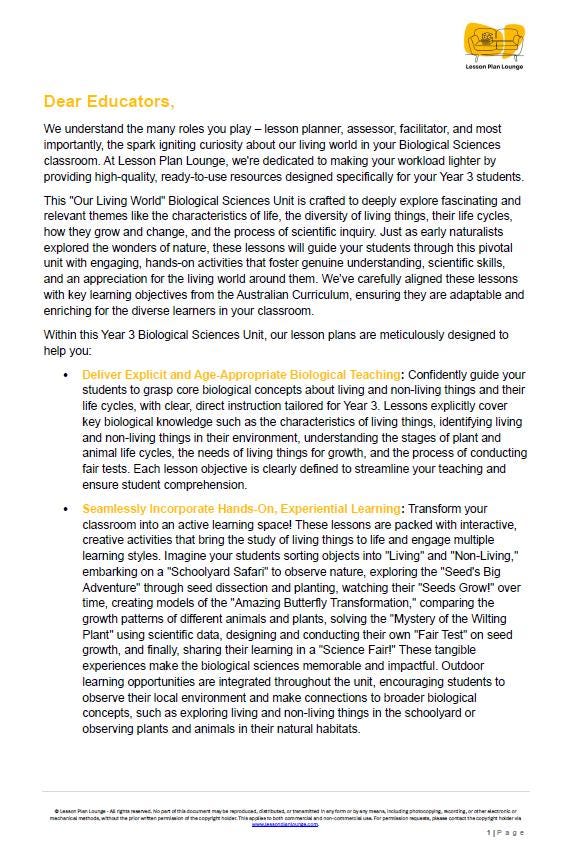 Science - Biological Sciences: Lesson Plans (9 lessons) + 1 Summative Assessment + FREE Student Workbook (Year 3)