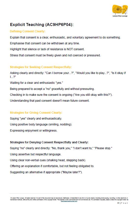 HPE - Personal, social and community health: 10 Lesson Plans + 1 Summative Assessment Tasks + FREE Student Workbook (Year 6)