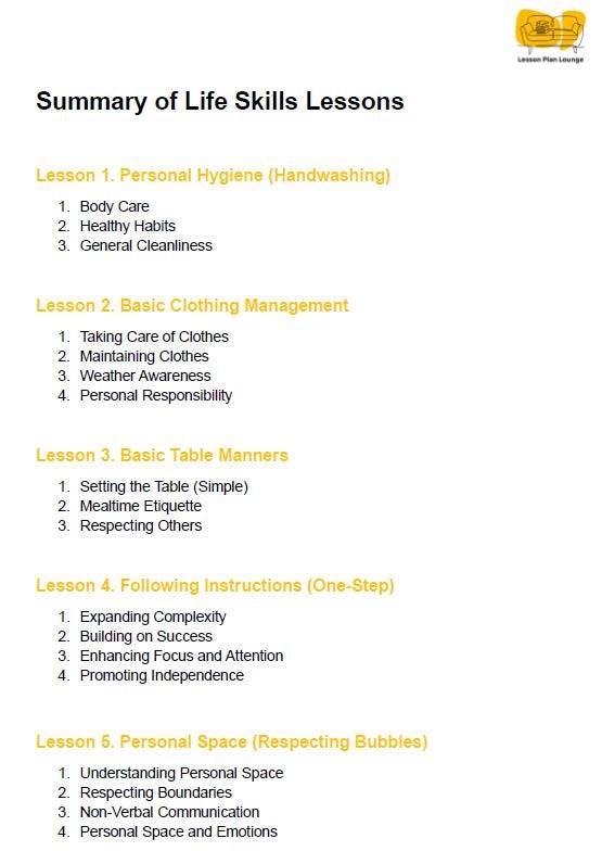 35 Life Skills Lessons for the Year 1 Student